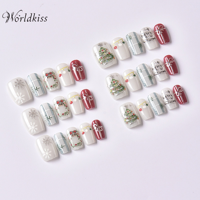 Christmas press on nails set with red and white snowflake design
