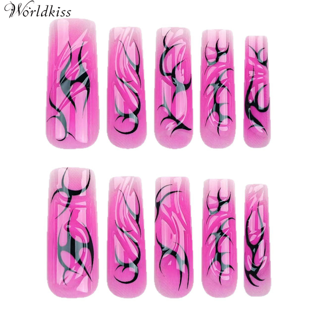 3D Gradient Y2K press on nails with rose red and black water ripple design