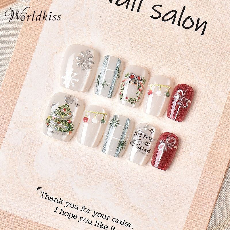 Christmas press on nails set with red and white snowflake design