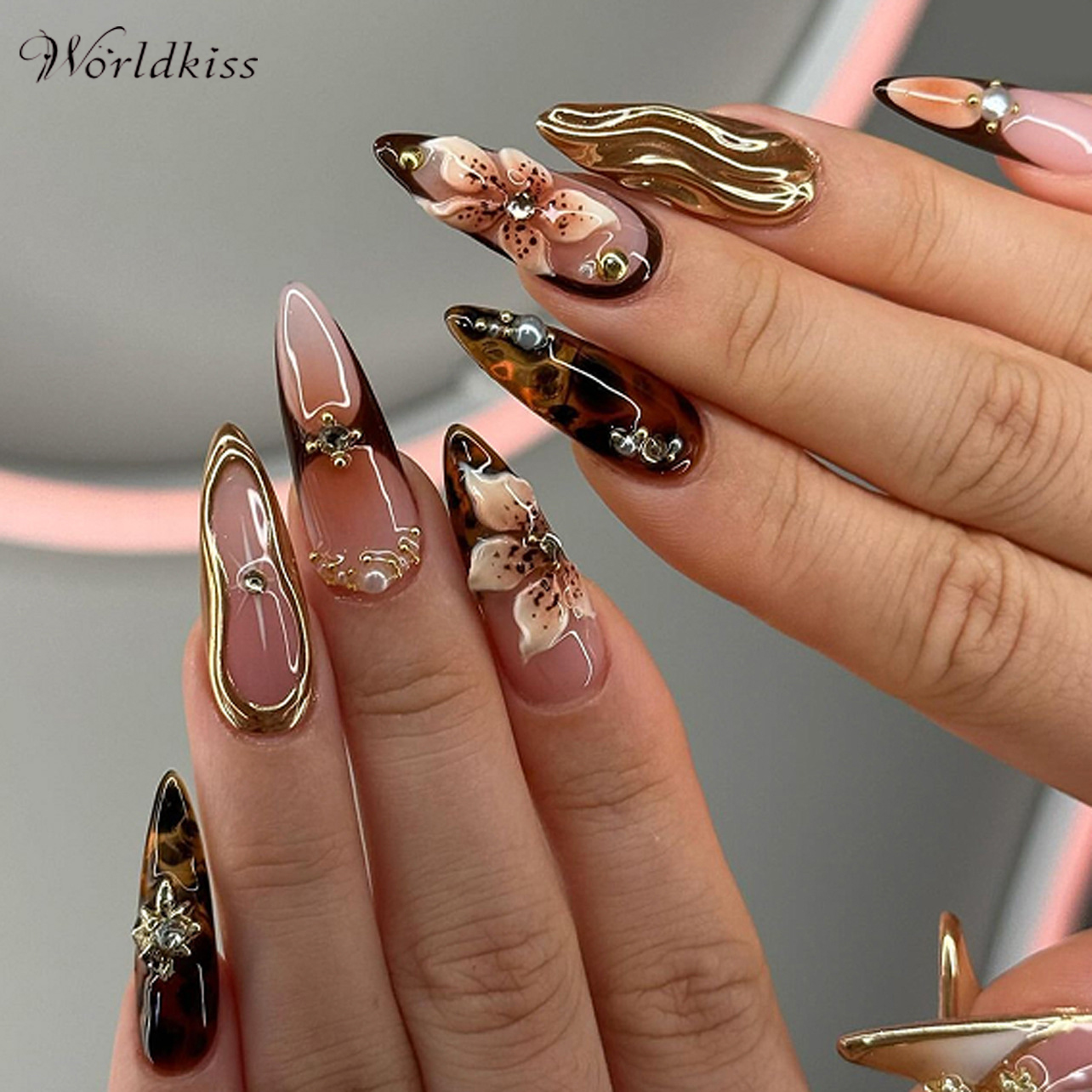 almond 3D flower press on nails colorful ABS long tips 24pcs set
